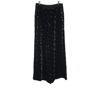 Anthropologie Elevenses Ultra Wide Leg Velvet Silk Pants Women's 6 Black Leaf